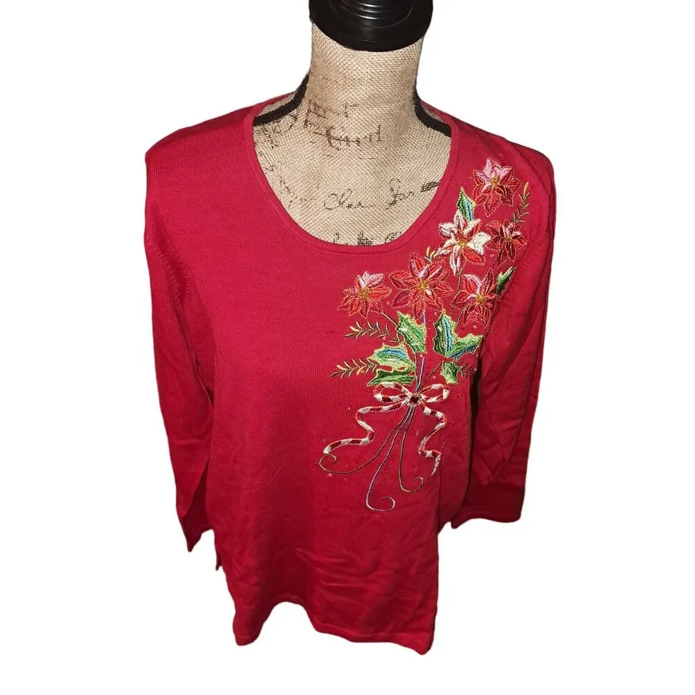 NWT-Quacker Factory Red Long Sleeve Poinsettia Bouquet Sweater Size: Med
